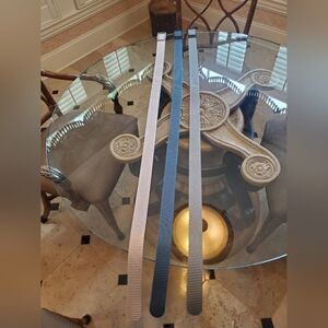 Set of Three Belts in Gray, Blue, and Tan. Adjustable 34-38 Like New Condition
